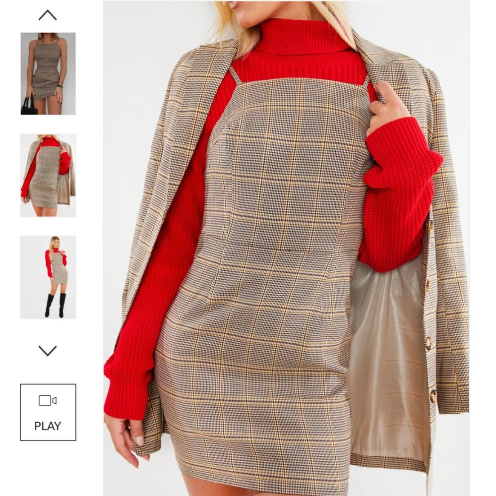 NWT Fashion Influx Brown Heritage Check Square Neck Mini Dress - Picture 3 of 8